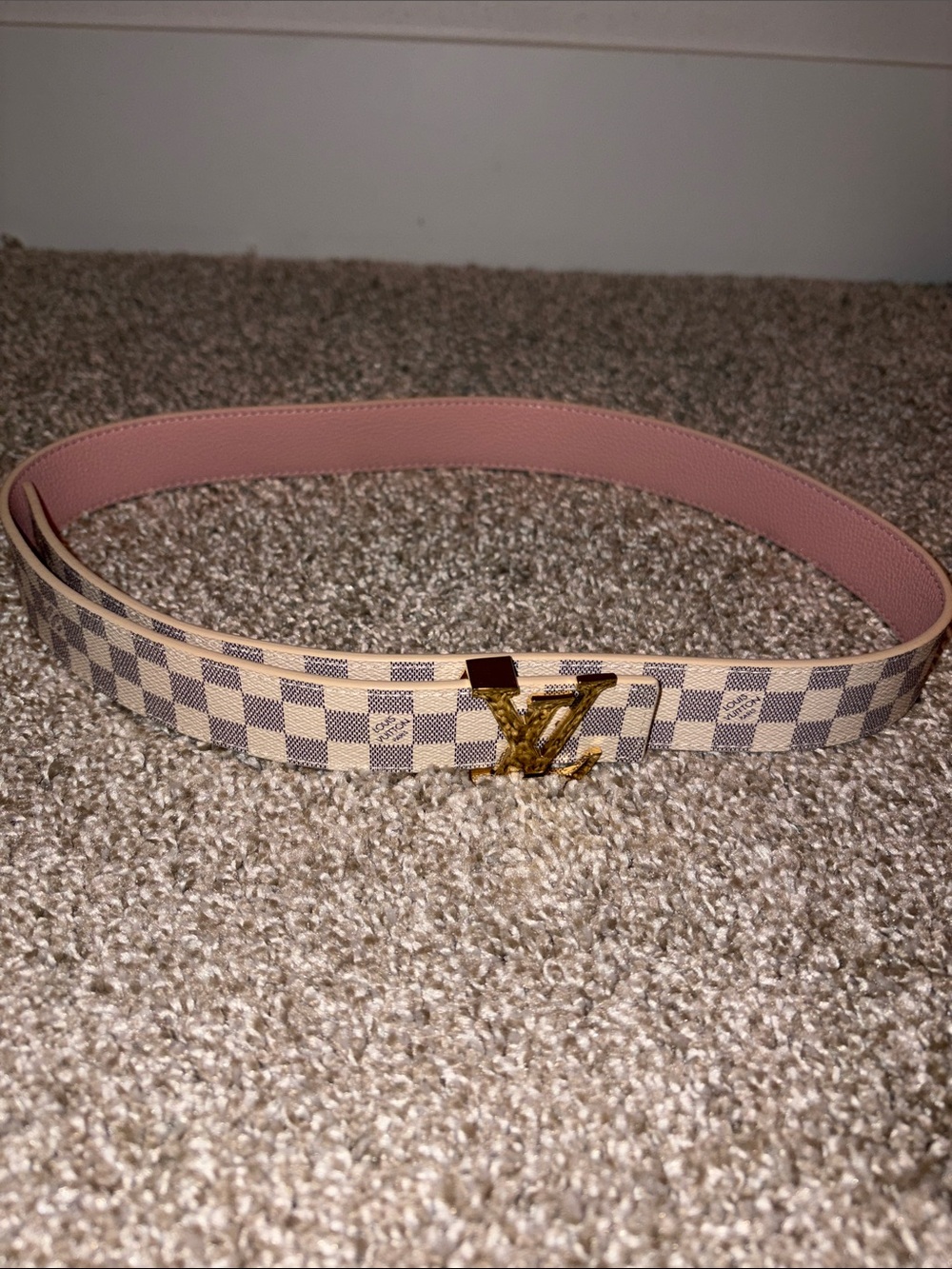 Louis Vuitton Damier Azur Belt with Pink Interior and Gold Buckle